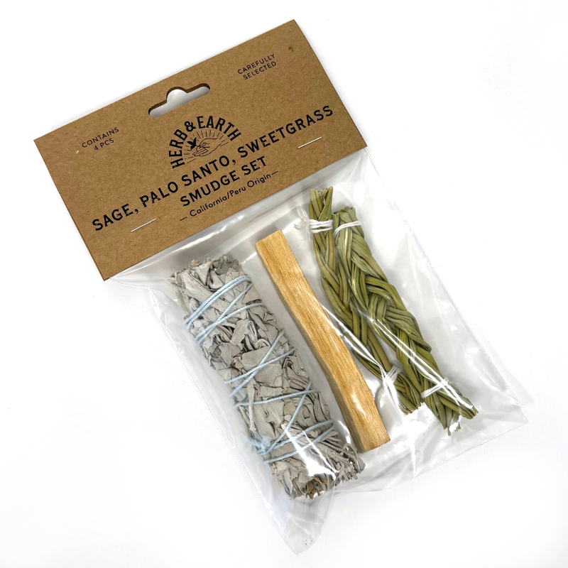 HERB & EARTH - White Sage, Palo Santo, Sweetgrass Smudge Set 4pcs