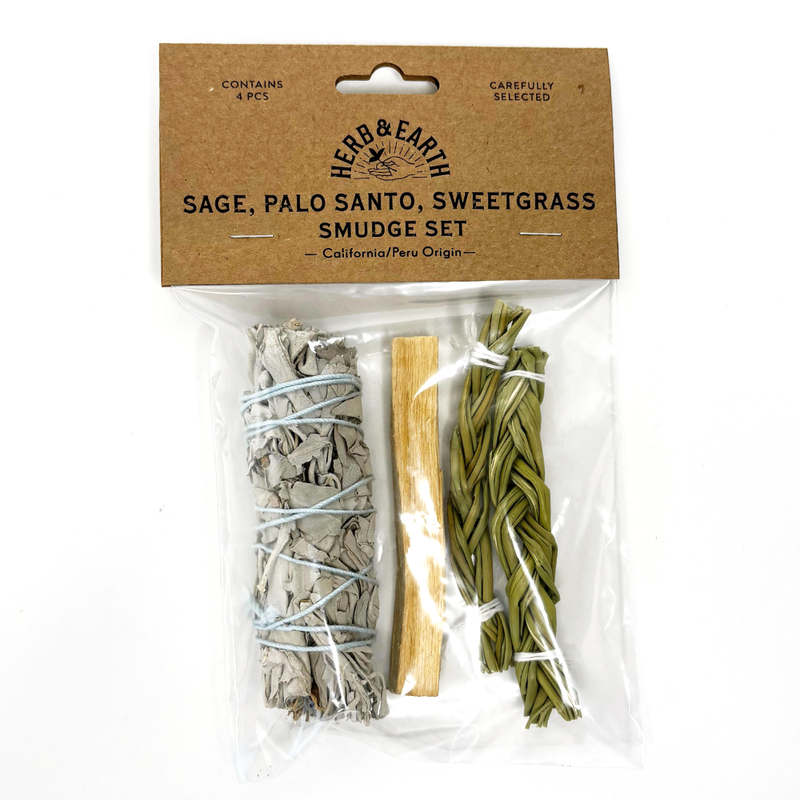 HERB & EARTH - White Sage, Palo Santo, Sweetgrass Smudge Set 4pcs