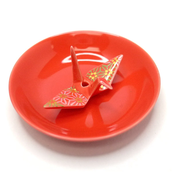 CRANE INCENSE HOLDER - Red Brocade with Plate Set