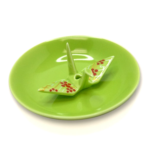 CRANE INCENSE HOLDER - Light Green Brocade with Plate Set